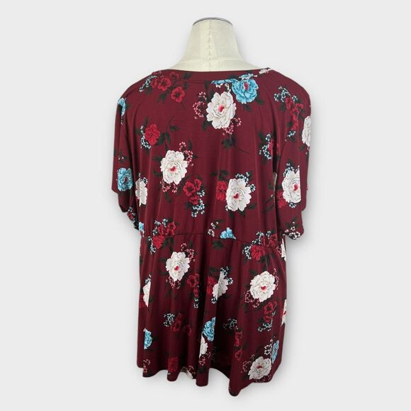 Torrid Burgundy Red Studio Knit Surplice Wrap Top Floral Short Sleeve V-Neck 5X - Picture 3 of 7